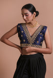 Navy Blue Color Raw Silk Embroidered Blouse