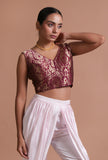 Dark purple brocade raw silk blouse festive on a female model