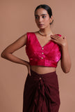 Dark pink organza plain blouse for festive and bridal saree draping by Tjori