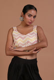 Off-white cotton blouse with handcrafted sitara work for festive and bridal saree draping by Tjori