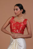 Red raw silk plain blouse festive on a female model