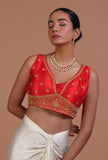 Red Color Raw Silk Embroidered Blouse