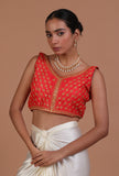 Red raw silk embroidered blouse for festive and wedding occasions by Tjori