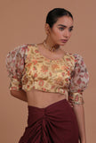Yellow organza printed blouse for festive and bridal saree draping by Tjori