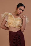 Golden organza plain blouse for festive and bridal saree draping by Tjori