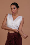 White organza plain blouse for festive and bridal saree draping by Tjori