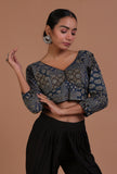 Blue and Black Cotton Ajrakh Printed Full Sleeve Blouse