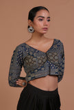 Blue and Black Cotton Ajrakh Printed Full Sleeve Blouse