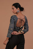 Blue and Black Cotton Ajrakh Printed Full Sleeve Blouse