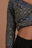 Blue and Black Cotton Ajrakh Printed Full Sleeve Blouse