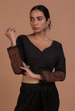 Black Cotton Ajrakh Printed Full Sleeve Blouse