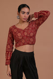 Woman wearing maroon cotton Ajrakh printed full sleeve blouse by Tjori
