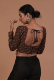 Black Cotton Ajrakh Printed Full Sleeve Blouse