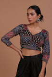 Blue and Black Cotton Ajrakh Printed Full Sleeve Blouse