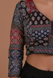 Blue and Black Cotton Ajrakh Printed Full Sleeve Blouse
