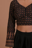 Black Cotton Ajrakh Printed Full Sleeve Blouse