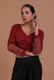 Maroon cotton ajrakh printed full sleeve blouse classic festive on a female model