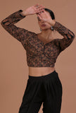 Black Cotton Ajrakh Printed Full Sleeve Blouse