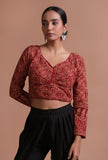 Maroon cotton blouse with authentic Ajrakh block print and full sleeves for festive and ethnic wear by Tjori