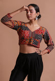 Multicolour cotton ajrakh printed full sleeve blouse festive on a female model
