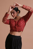 Maroon cotton ajrakh printed full sleeve blouse artisan festive on a female model