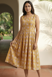 White and yellow cotton printed dress for women — breathable and cheerful for casual everyday and warm weather styling
