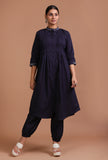 Navy blue cotton plain dress and pant set on a female model