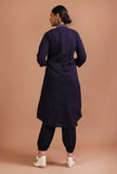 Set Of 2: Navy Blue Cotton Solid Plain Dress & Pant Set