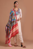 Set Of 3: Off White & Red Cotton Printed Kurta With Pant & Dupatta