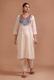 Set Of 3: Off White & Red Cotton Printed Kurta With Pant & Dupatta