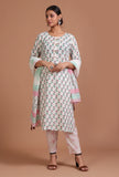 Set Of 2: White & Green Cotton Printed Kurta & Pant Set