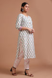 Set Of 2: White & Green Cotton Printed Kurta & Pant Set
