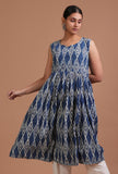 Blue cotton printed dress on a female model