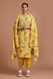 Yellow cotton printed kurta pant dupatta set on a female model