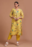 Set Of 3: Yellow Cotton Printed Kurta With Pant & Dupatta