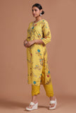 Set Of 3: Yellow Cotton Printed Kurta With Pant & Dupatta