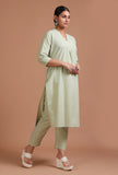 Set Of 2: Mint Green Cotton Plain Kurta & Pant Set
