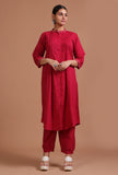 Set Of 2: Red Cotton Plain Kurta & Pant Set