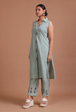 Set Of 2: Sage Green Cotton Plain Kurta & Pant Set