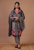 Smokey Grey Velvet Ari Embroidered Kurta, Pant And Dupatta Set- Free Size
