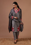 Smokey Grey Velvet Ari Embroidered Kurta, Pant And Dupatta Set- Free Size