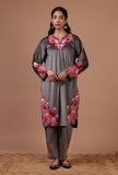 Smokey Grey Velvet Ari Embroidered Kurta, Pant And Dupatta Set- Free Size
