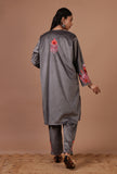 Smokey Grey Velvet Ari Embroidered Kurta, Pant And Dupatta Set- Free Size
