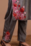 Smokey Grey Velvet Ari Embroidered Kurta, Pant And Dupatta Set- Free Size