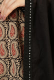Set of 3: Baagh Hand Block Print Angrakha Kurta, Solid Black Pants & Lace Cotton Dupatta
