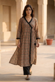Set of 2: Baagh Hand Block Print Angrakha Kurta with Lace & Solid Black Pants