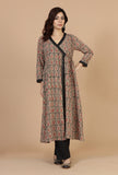 Set of 2: Baagh Hand Block Print Angrakha Kurta with Lace & Solid Black Pants