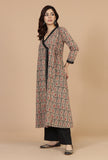 Set of 2: Baagh Hand Block Print Angrakha Kurta with Lace & Solid Black Pants