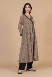Set of 2: Baagh Hand Block Print Angrakha Kurta with Lace & Solid Black Pants