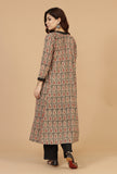 Set of 2: Baagh Hand Block Print Angrakha Kurta with Lace & Solid Black Pants